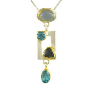 Sterling Silver and 22K Gold Vermeil Pendant with Blue Agate, Baby Blue Topaz